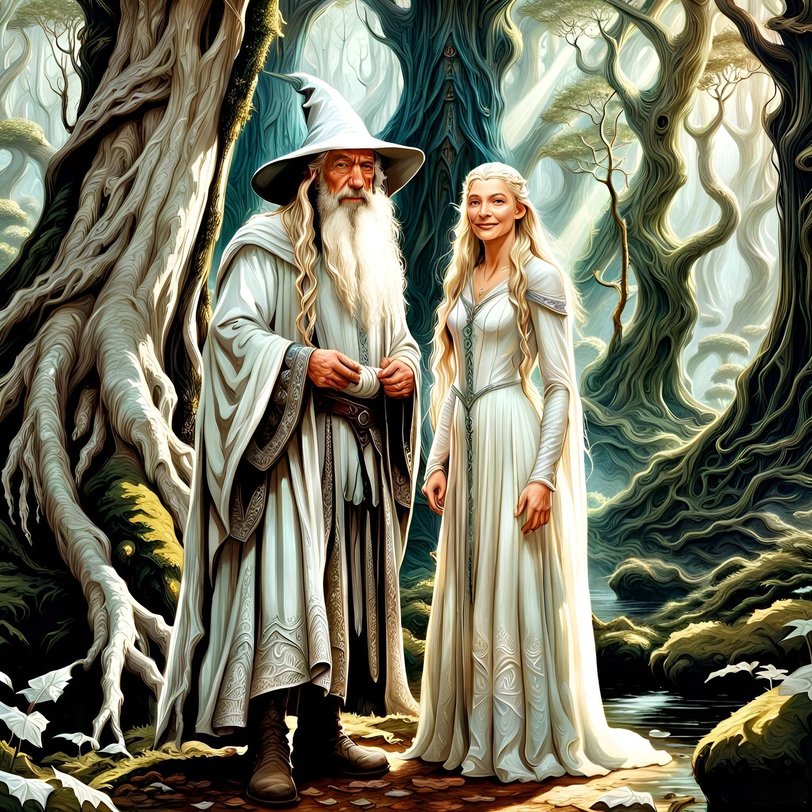 Gandalf and Galadriel in Fantasy Forest, Digital Art