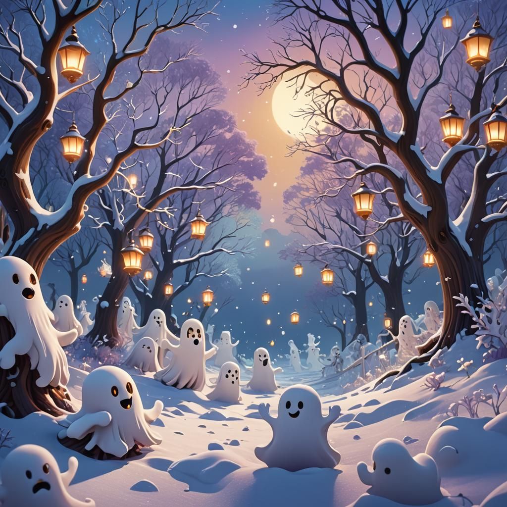 Ghosts Play in Snow: Whimsical Cartoon Art