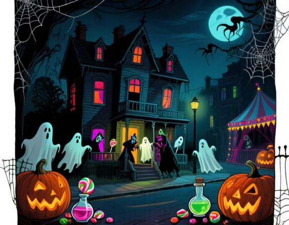 Haunted House at Midnight with Ghouls and Eerie Lanterns