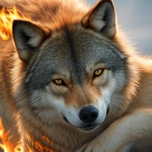 Hyper-Realistic Portrait of Woman and Fiery Wolf in Soft Stu...