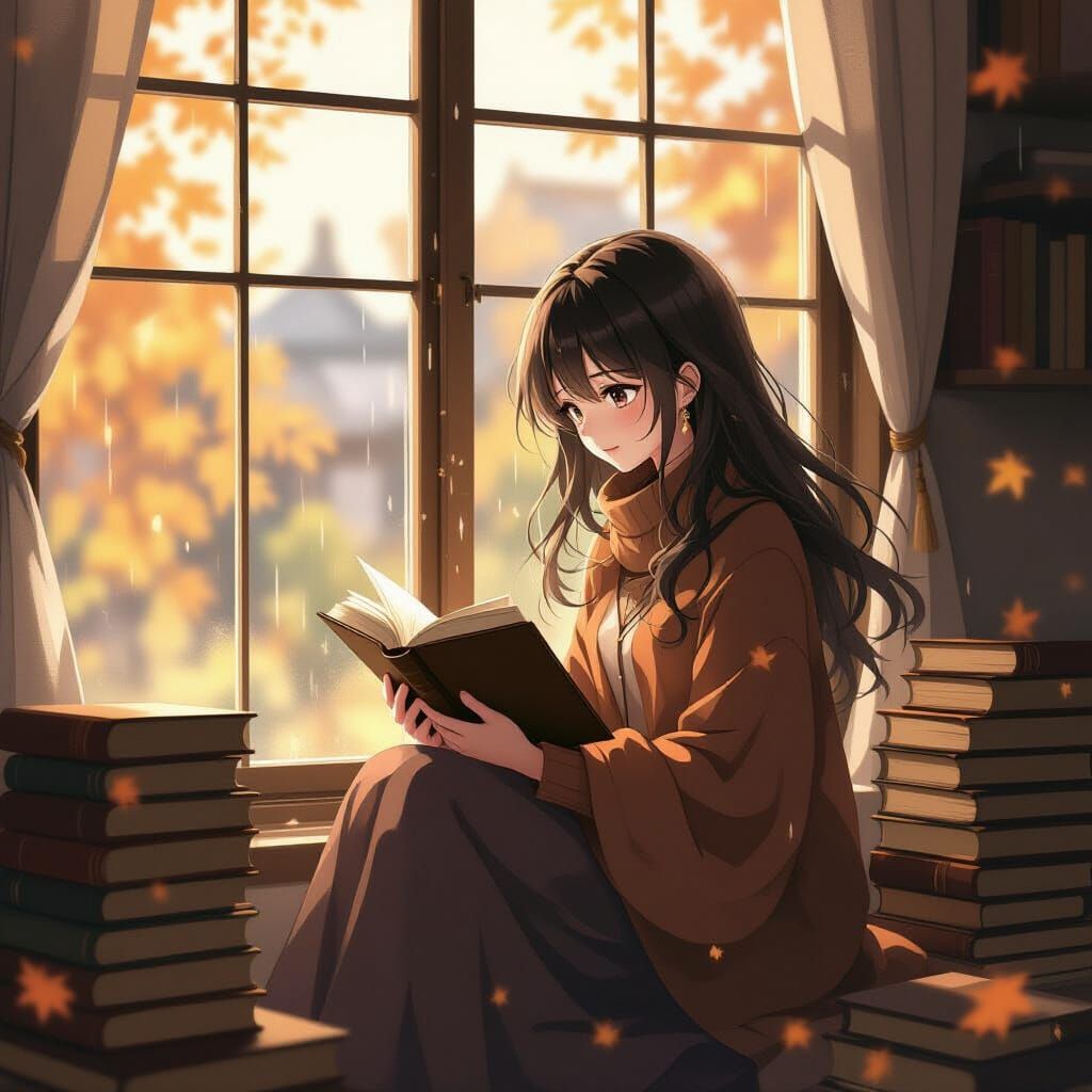 Anime Girl Reading by Rainy Window