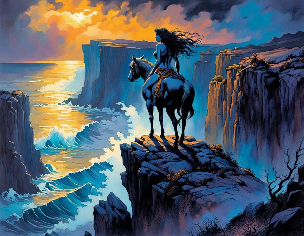Female Centaur Overlooking Stormy Ocean, Wrightson Style