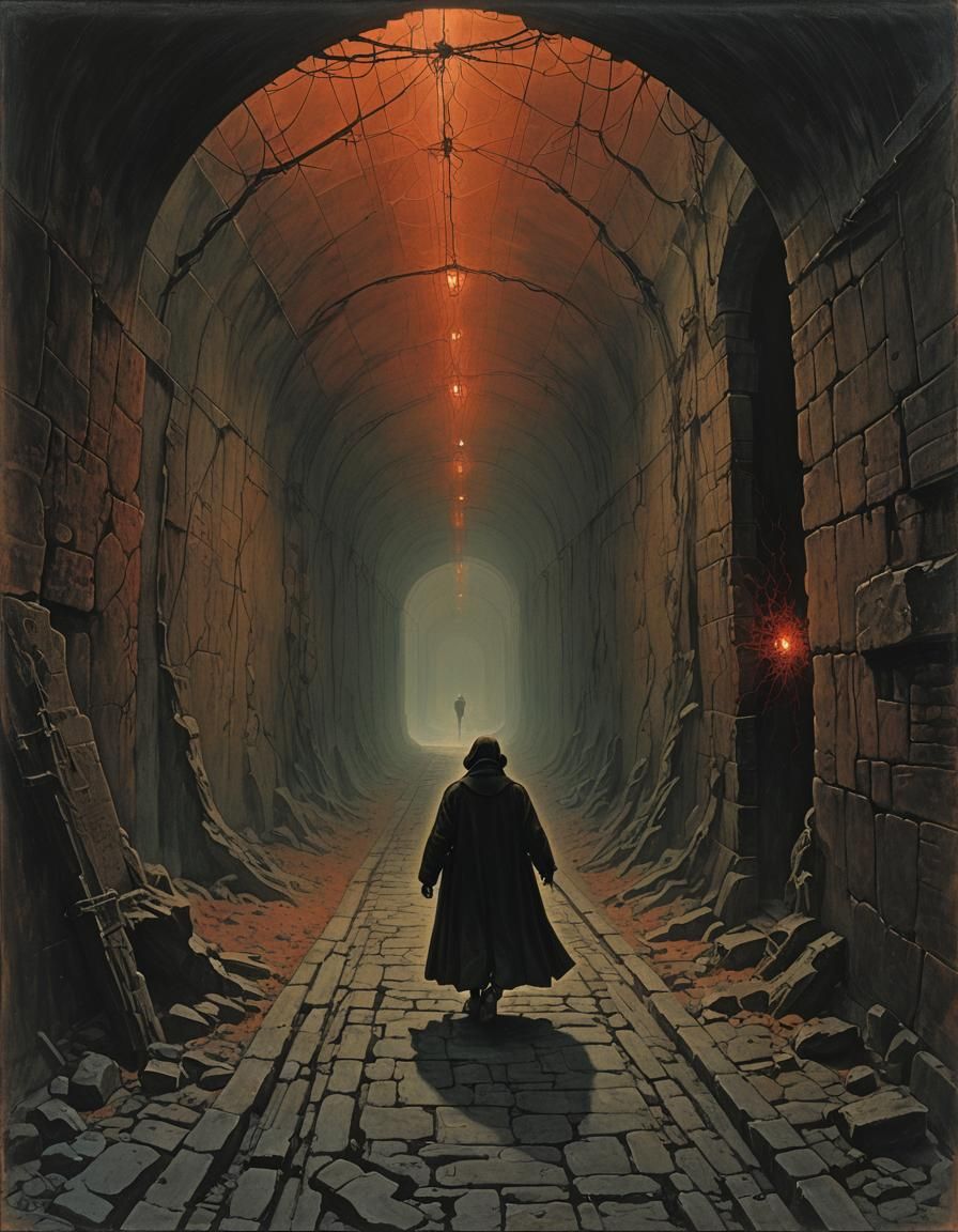 Dark Tunnel with Figure in Surrealist Style