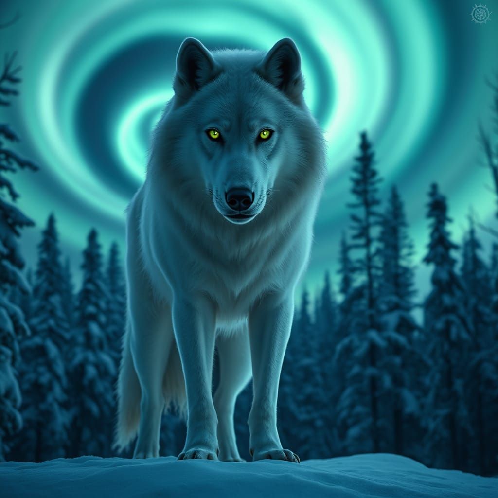 Majestic White Wolf Silhouetted Against Swirling Aurora Bore...