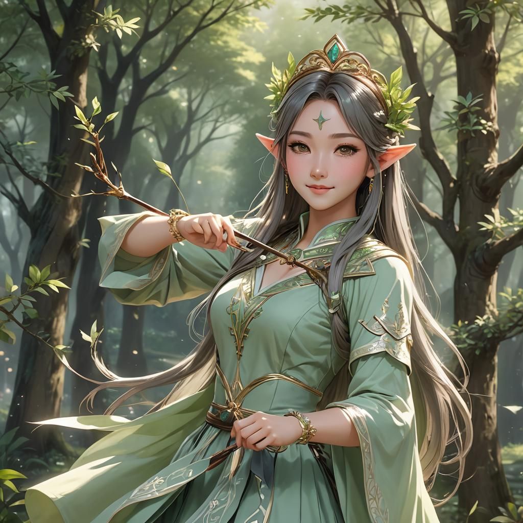 Gorgeous Wood Elf Wizardess Archer in Anime Style