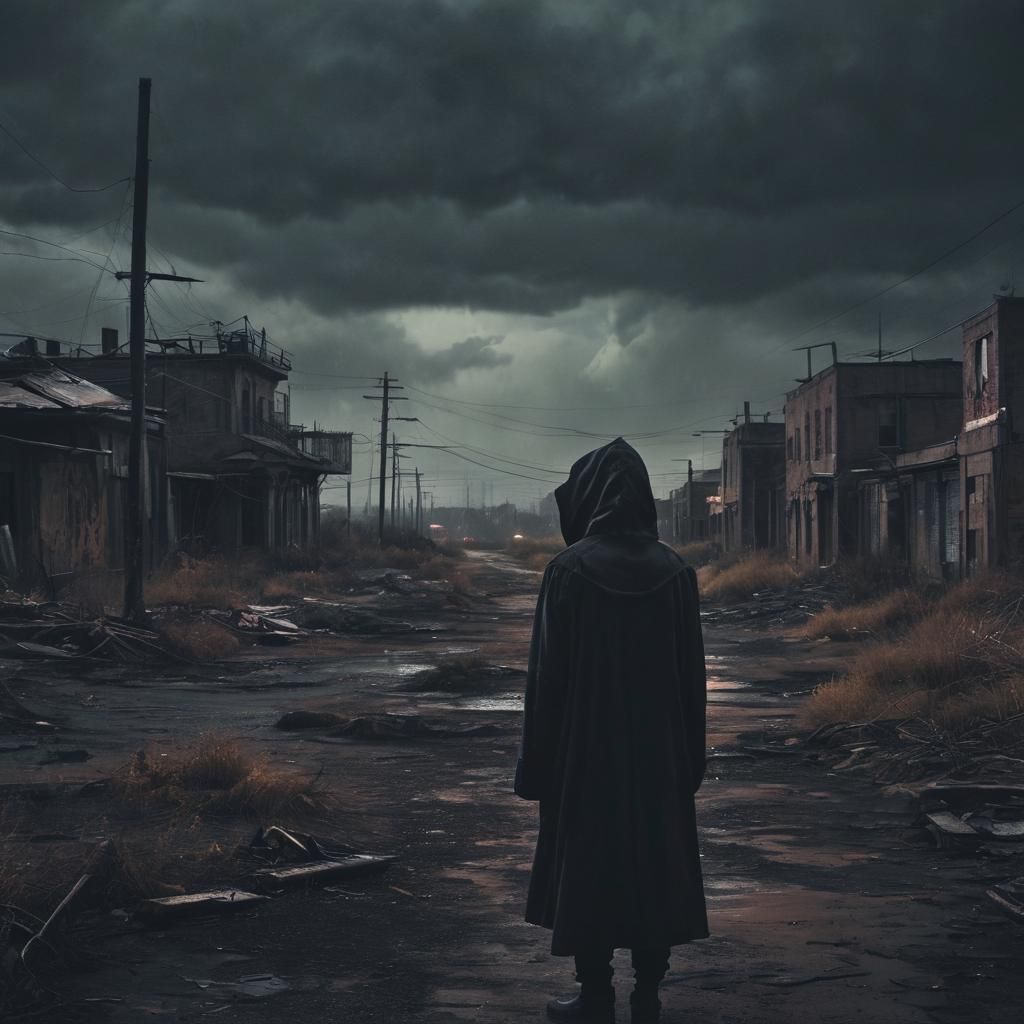 Dystopian Surrealism: Hooded Figure in Abandoned Landscape