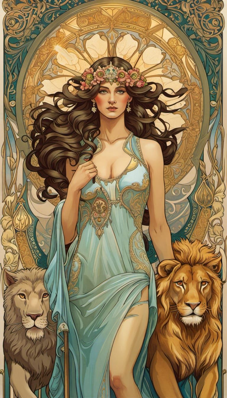 The Strength: Girl, Lion, and Liberty in Art Nouveau Style