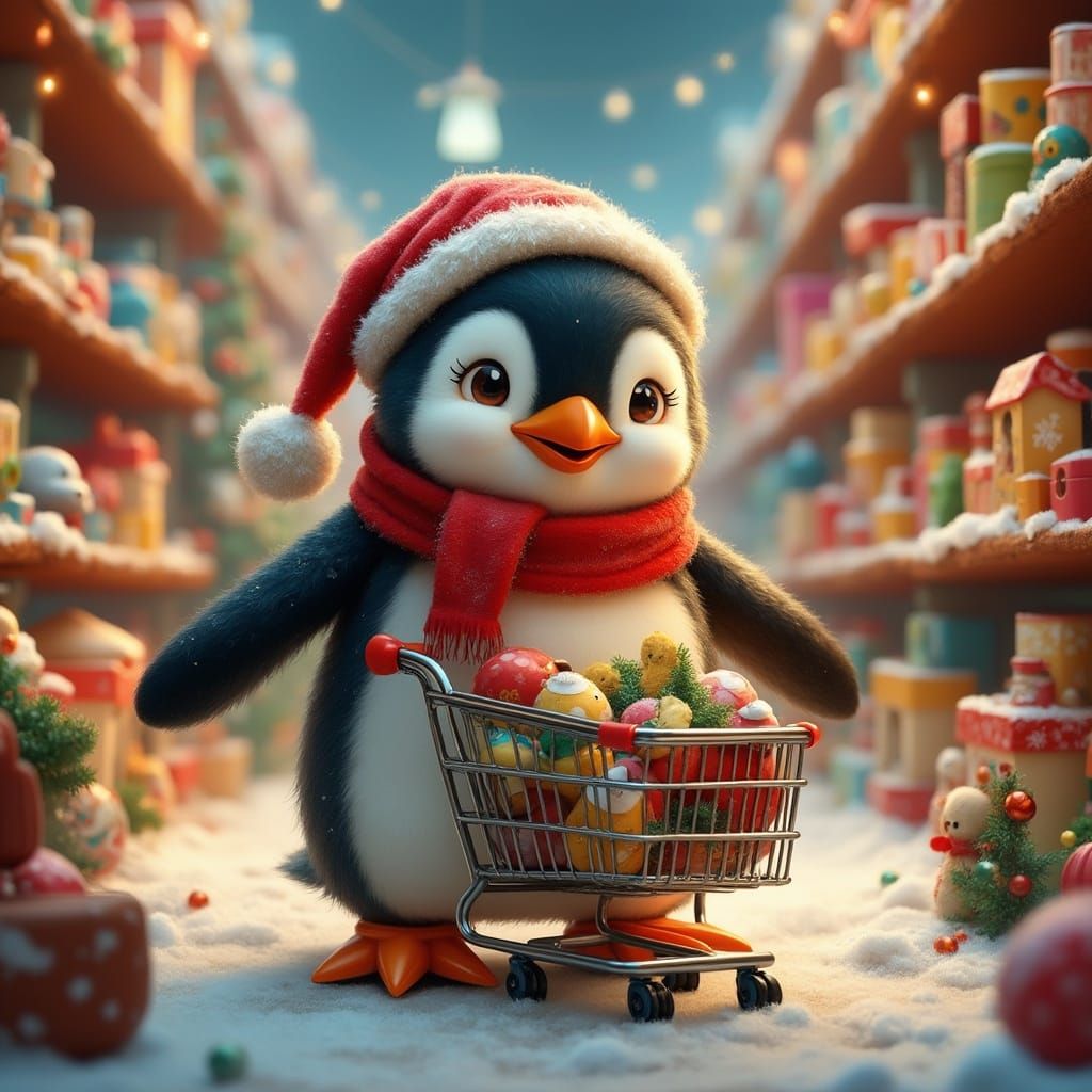 <lora:Oil-HD 2 Flux:0.25>. Cute adorable little Christmas penguin happy and smiling with a shopping cart in a *toy store...