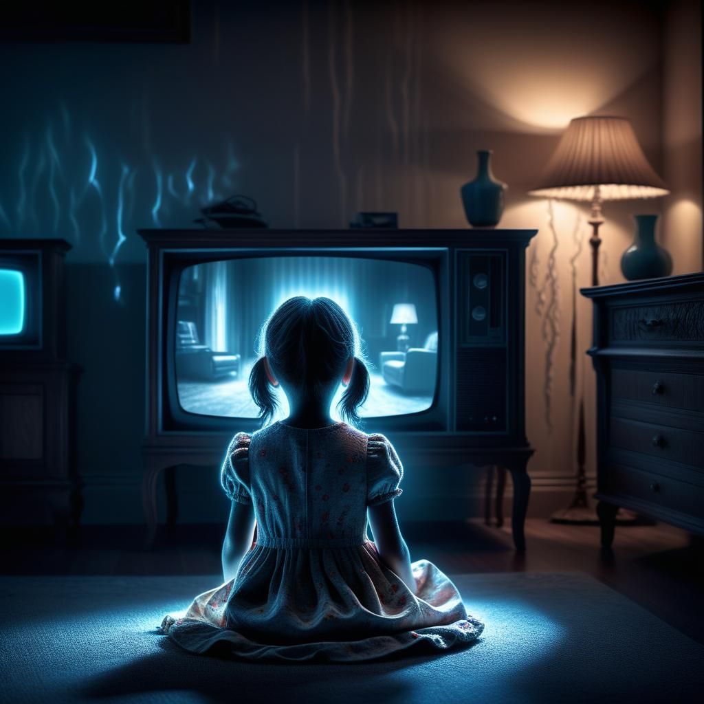 Eerie Little Girl in Front of Television