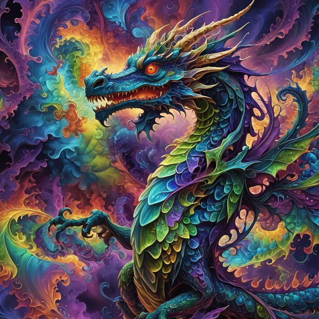 Neon Fractal Dragon in Surreal Digital Art