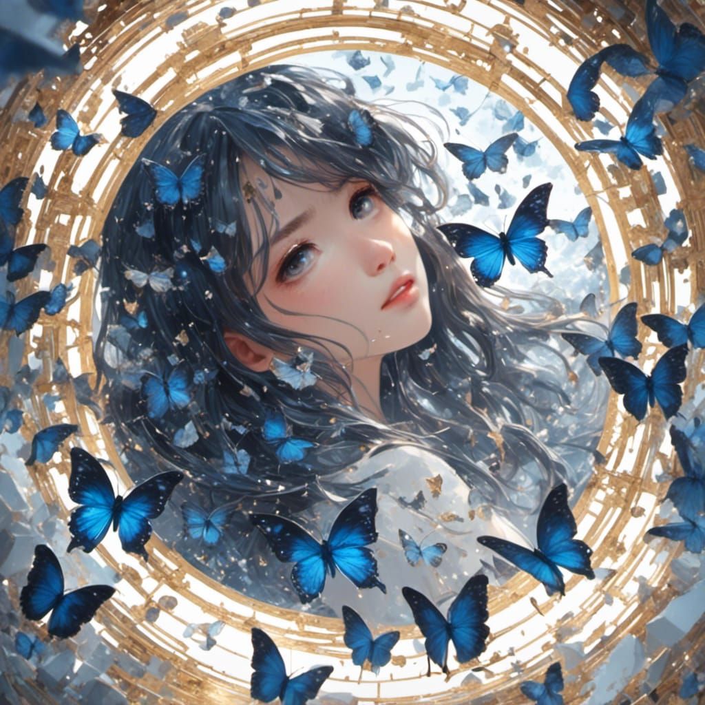 Blue Stone Woman with Butterflies in Anime Style