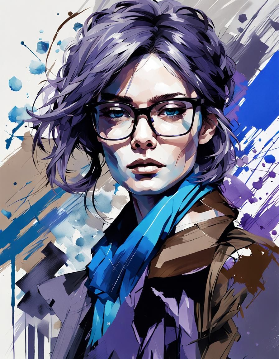 Focused Woman in Office: Digital Art Portrait