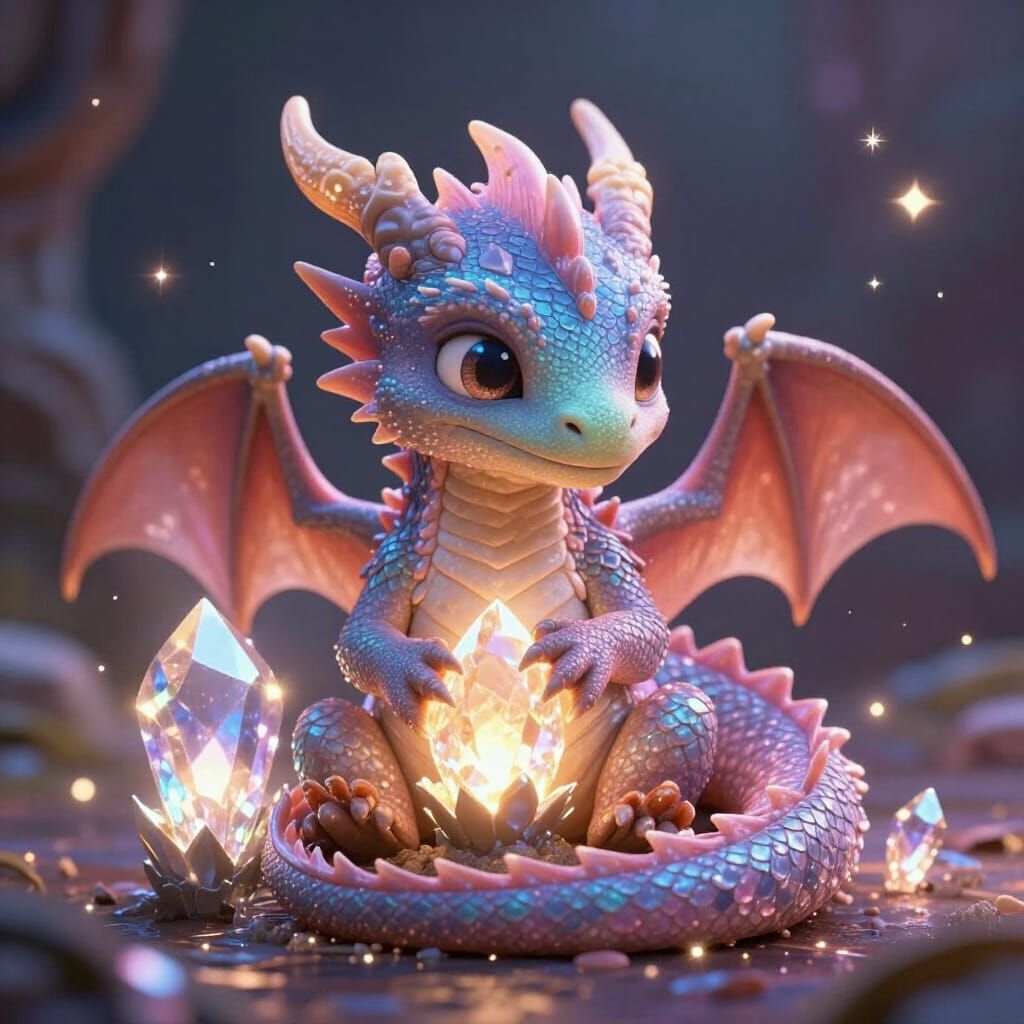 Adorable Baby Dragon With Glowing Crystal
