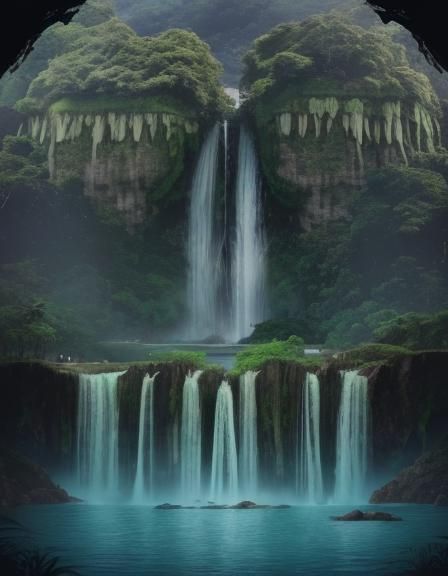 Majestic Waterfall Plunging from Lush Jungle