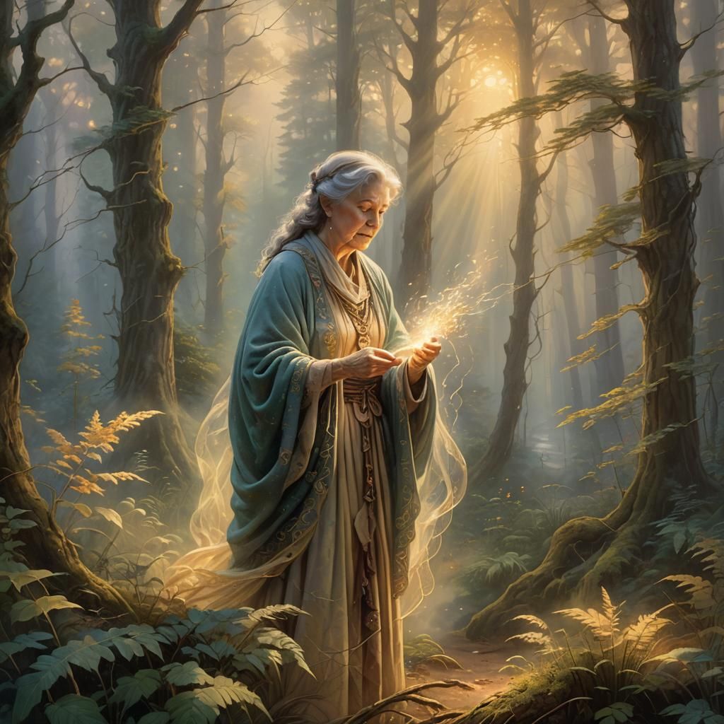 Wise Woman Weaving Light in Misty Forest
