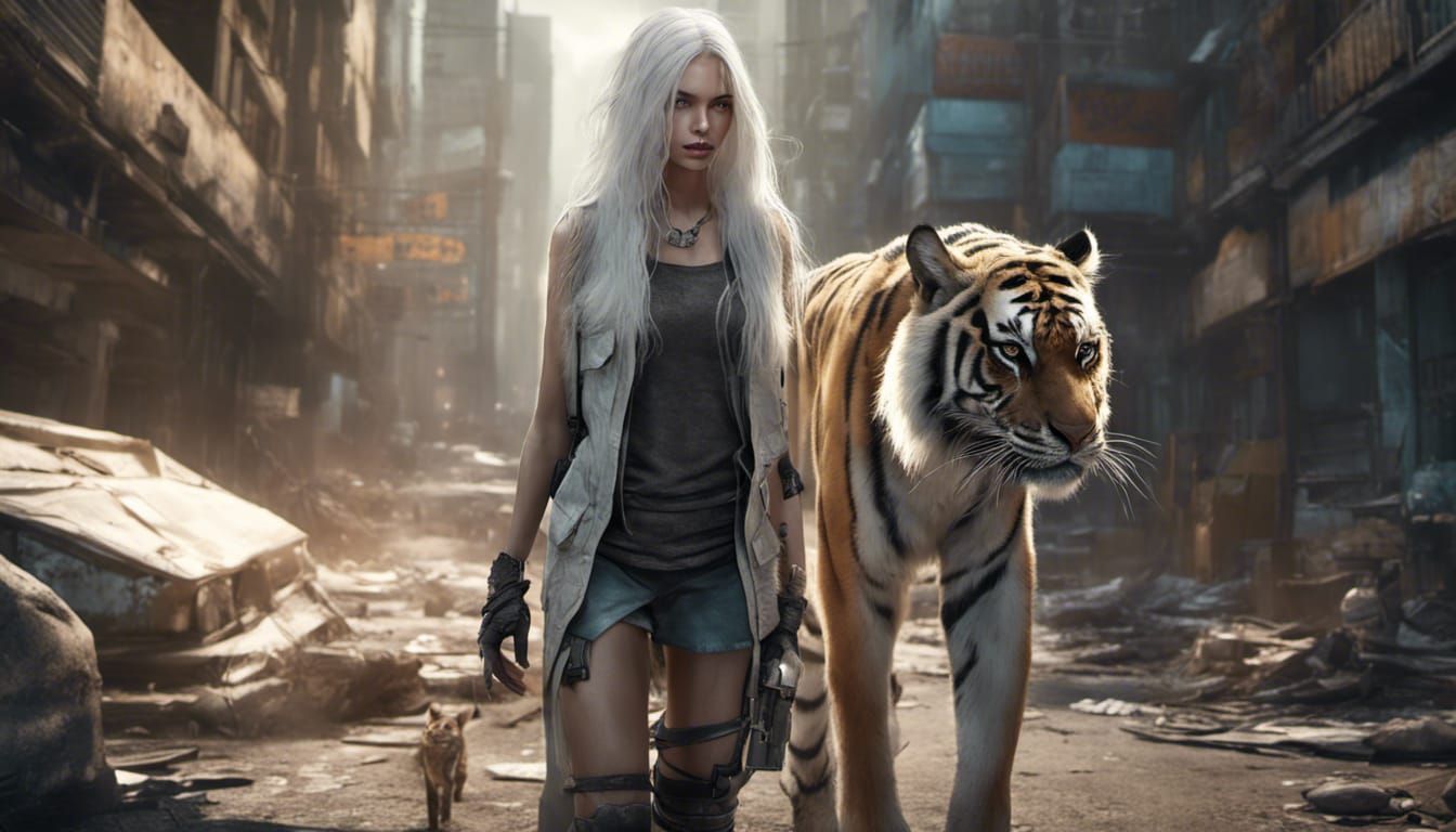 Post-Apocalyptic Cityscape with Woman and Tiger