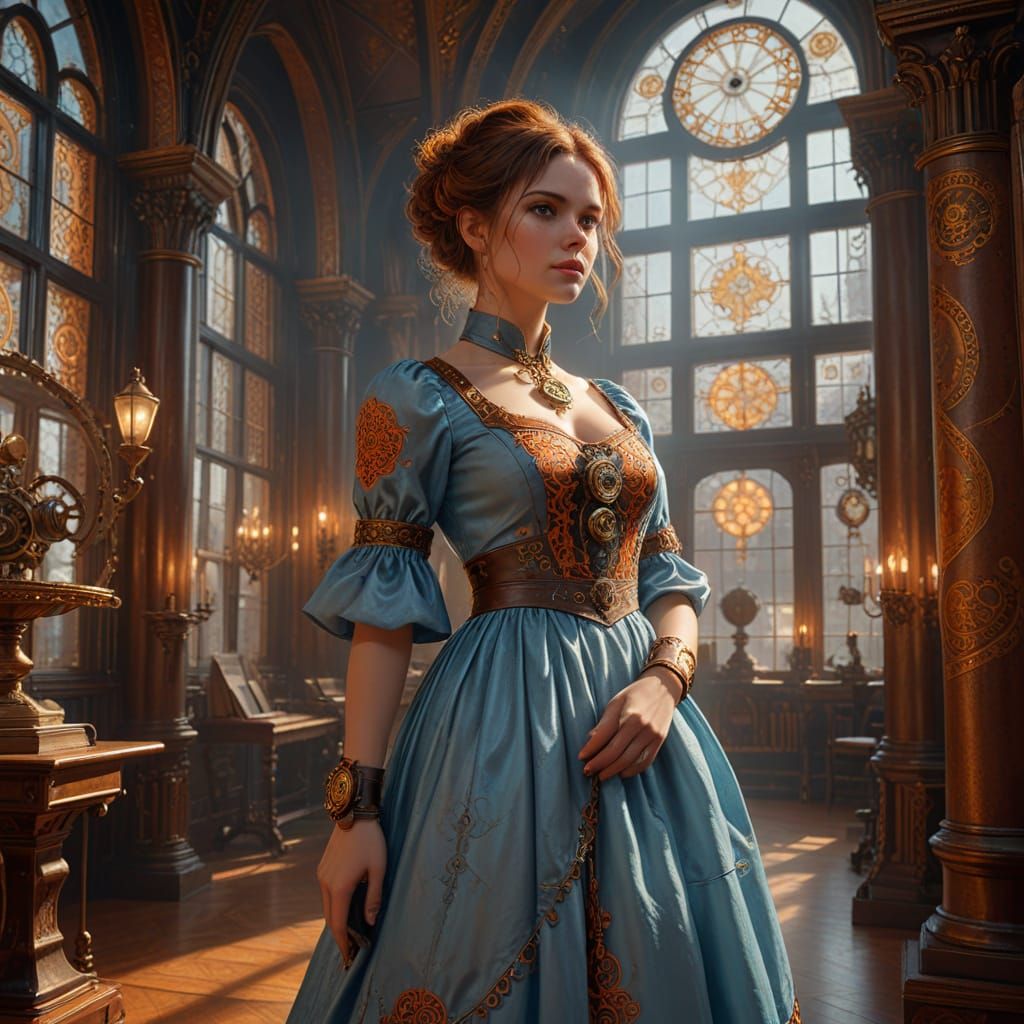 Steampunk Woman in Grand Hall Digital Art