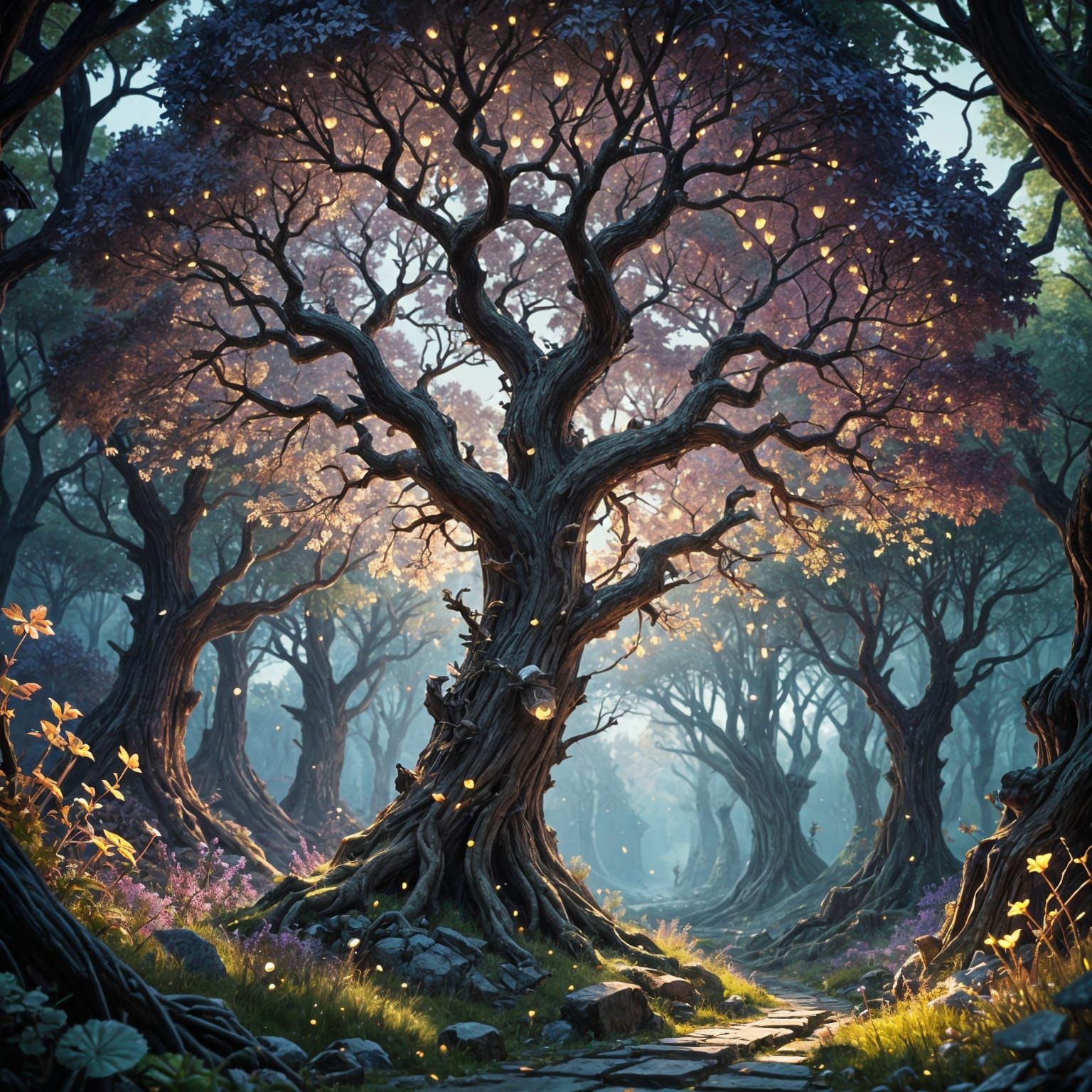 Whimsical Gemstone Trees in Dark Fantasy Style