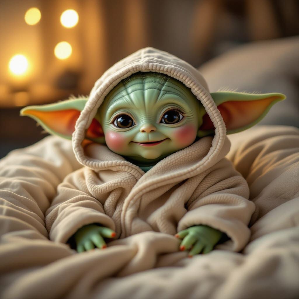 Baby Yoda Smiling Warmly in Cozy Oodie