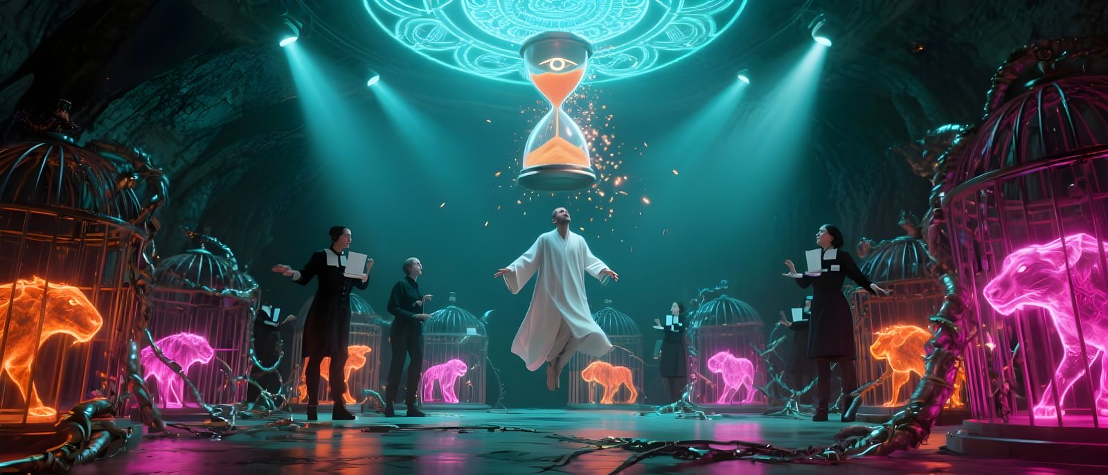 Alien Zoo Chamber with Luminous Beasts and Mandala