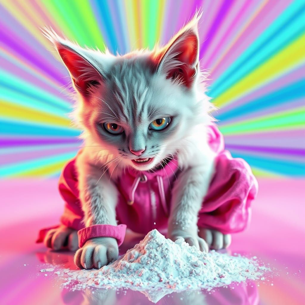 Feral Cat in Pink Sweatpants Smokes White Powder