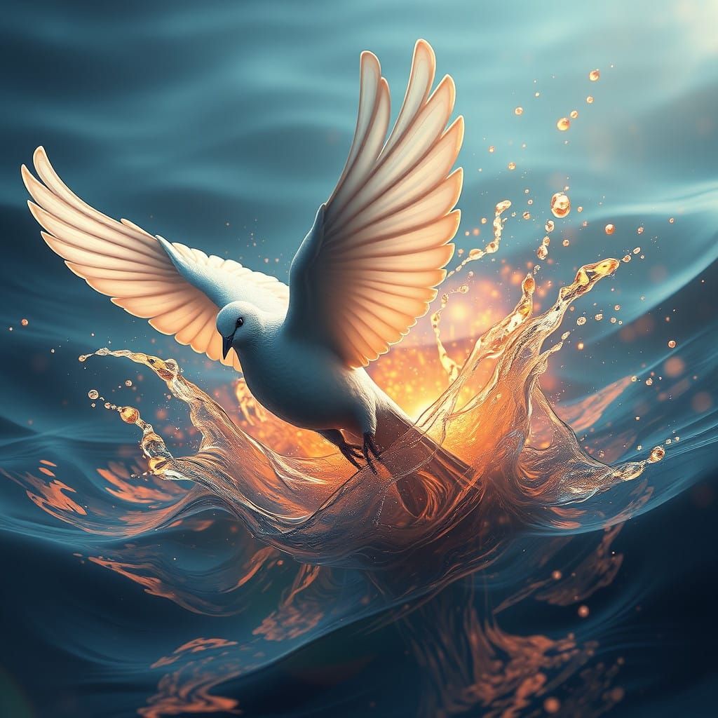 Surreal Dove Spirit Merges with Water in Vibrant Fantasy Sce...