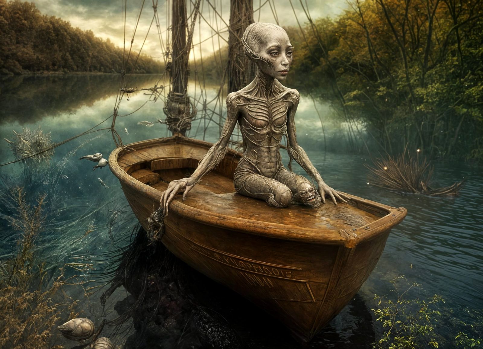 Smiling Aliens Sailing in Surreal Photorealistic Dreamscape