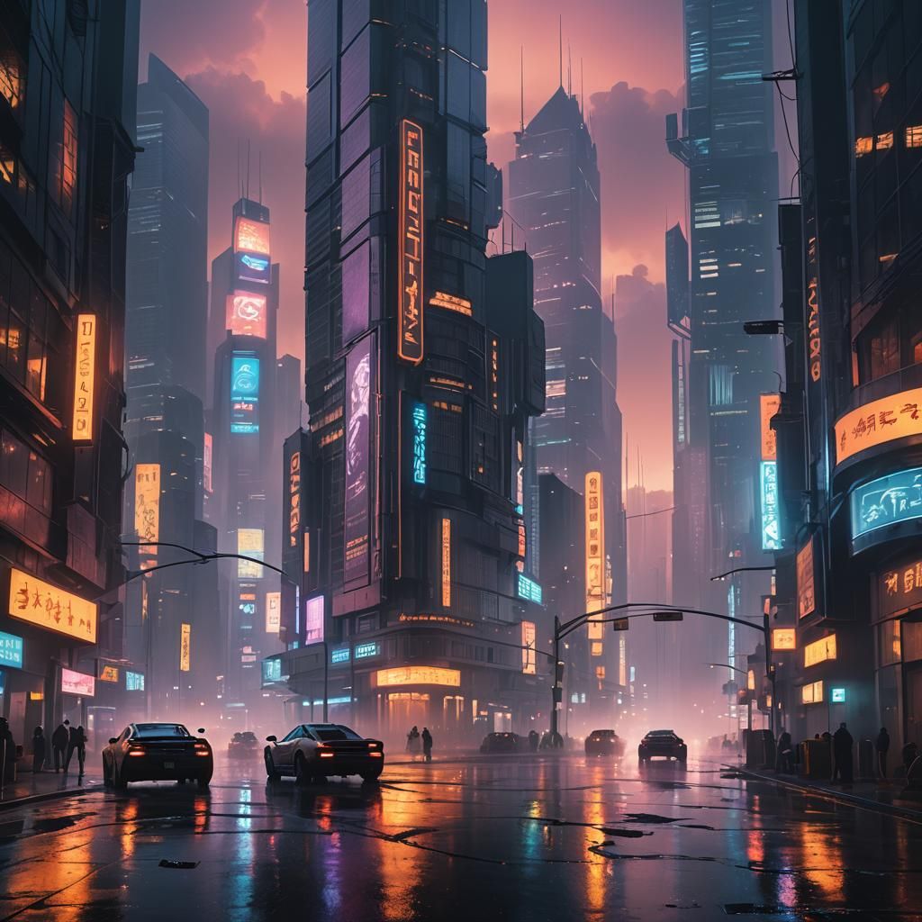 Neon Cityscape at Dusk in Cyberpunk Style