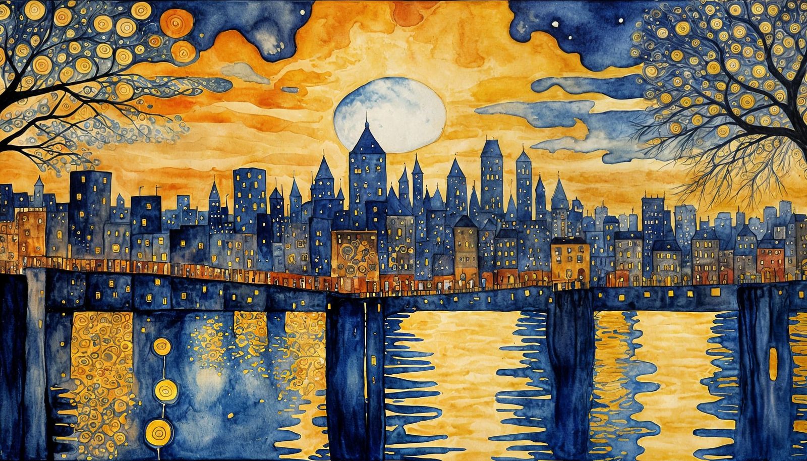 Klimt-Inspired Portrait in Watercolor and Ink