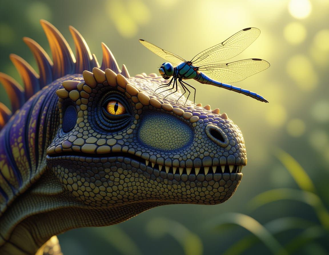 Dragonfly and Dinosaur Share a Smile in Dark Fantasy Art