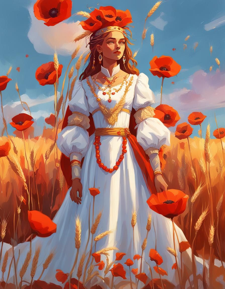 Slavic Woman with Poppies, Hyperdetailed Concept Art