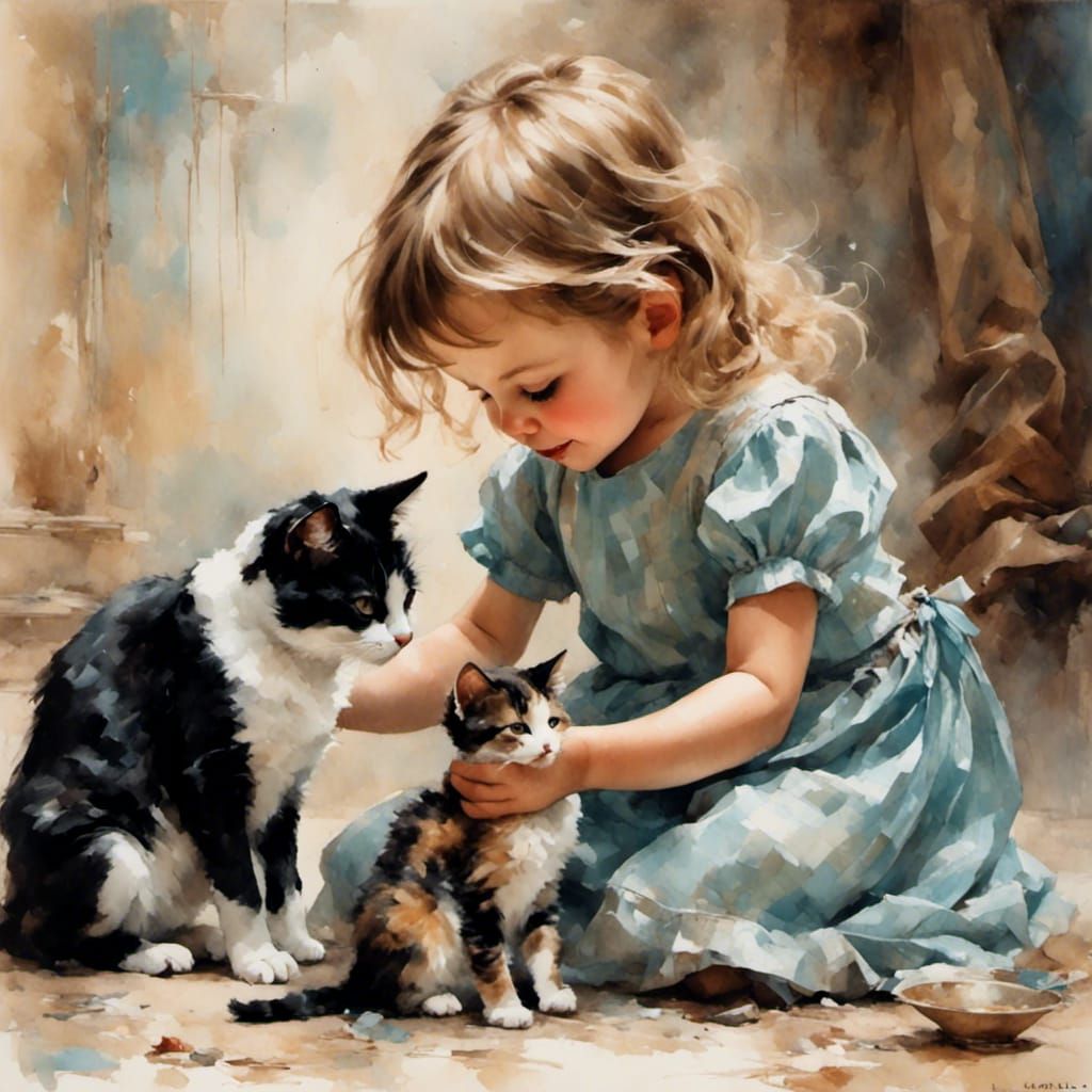 Toddler and Cat in Pastel Colors