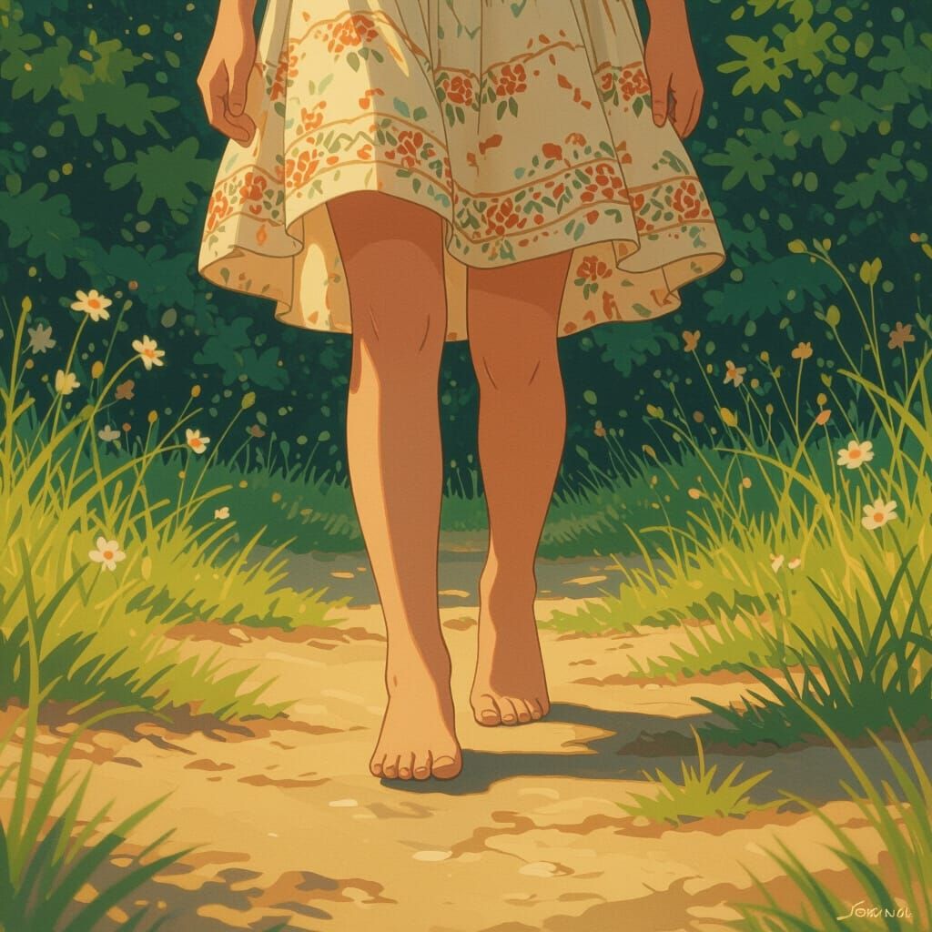 Intimate Ground View of Barefoot Girl Stepping Forward