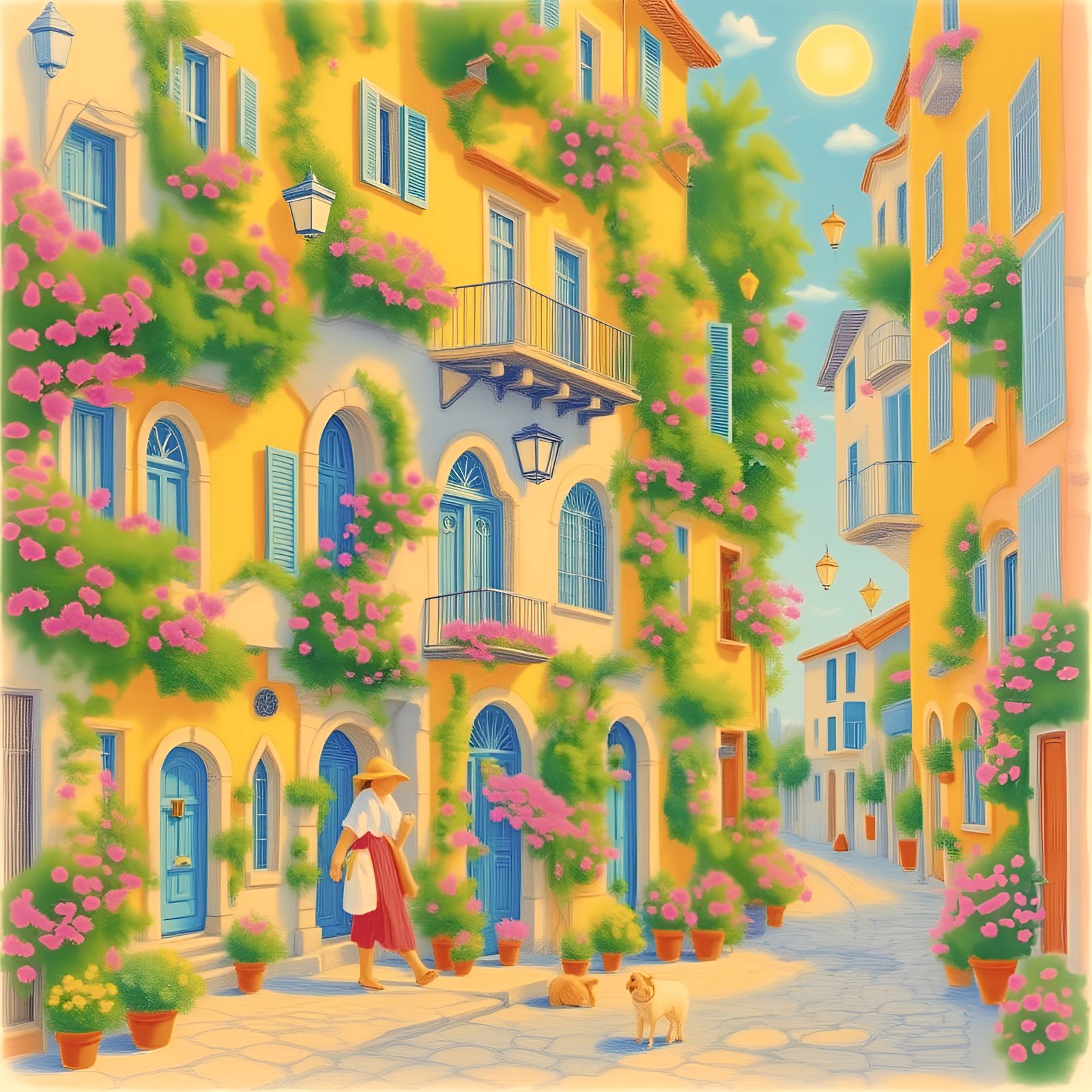Mediterranean Village Street Scene Illustration