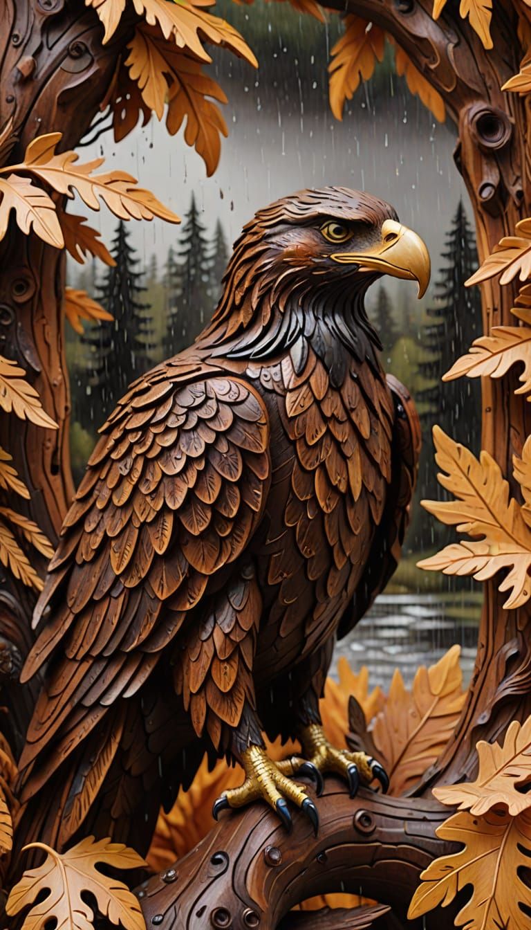 Realistic Wooden Eagle Sculpture in Autumn Rain