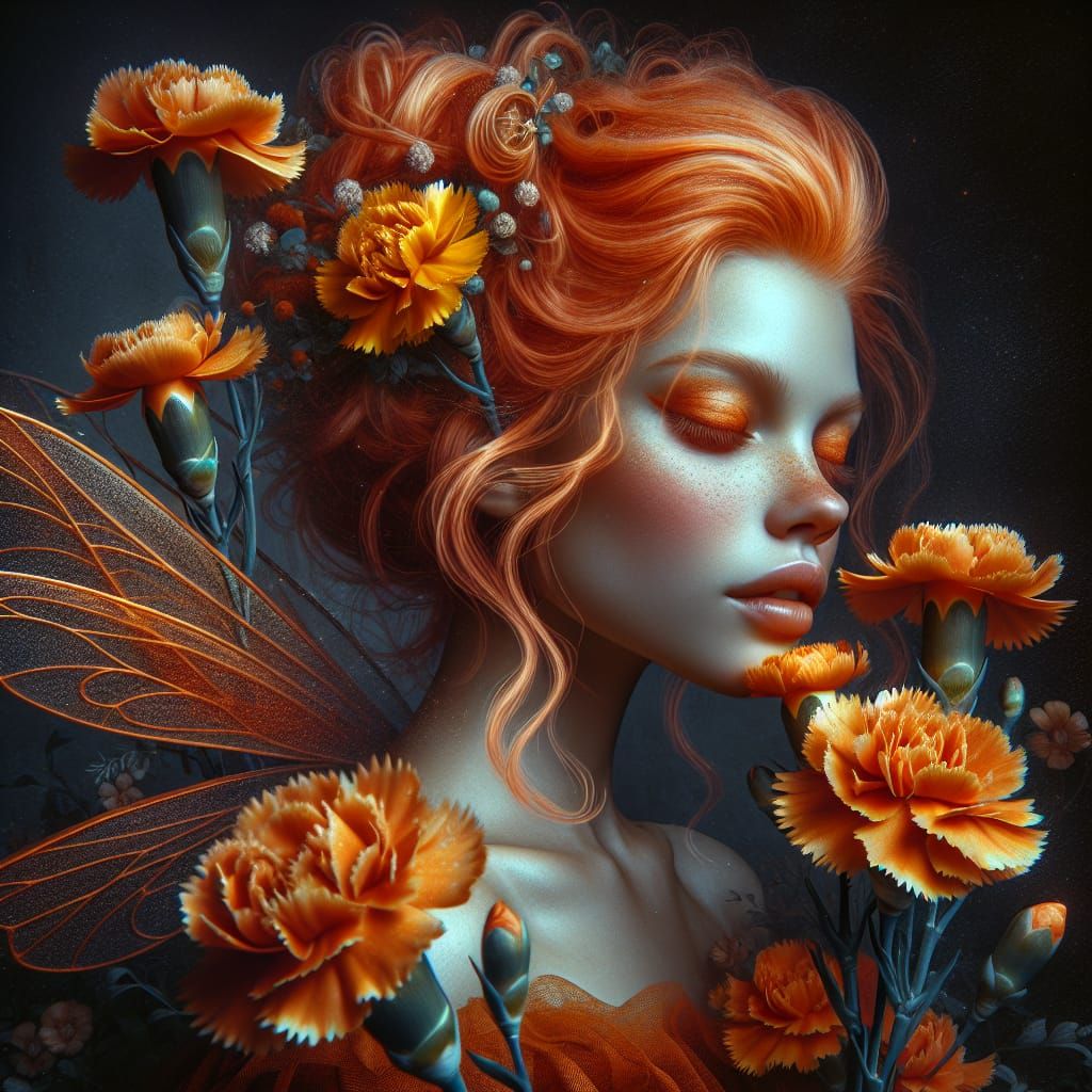 Hyperrealistic Portrait of an Orange Carnation Fairy