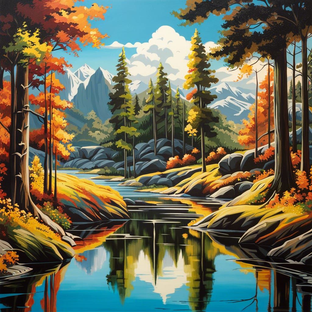 3D Graffiti Landscape of Tranquil Lake Reflections