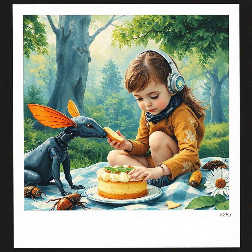 Child's Futuristic Picnic with Robots in Lush Landscape