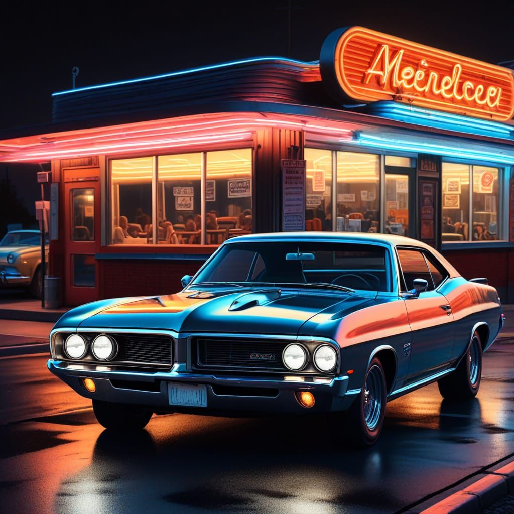 Retro Diner Scene with Classic Muscle Car