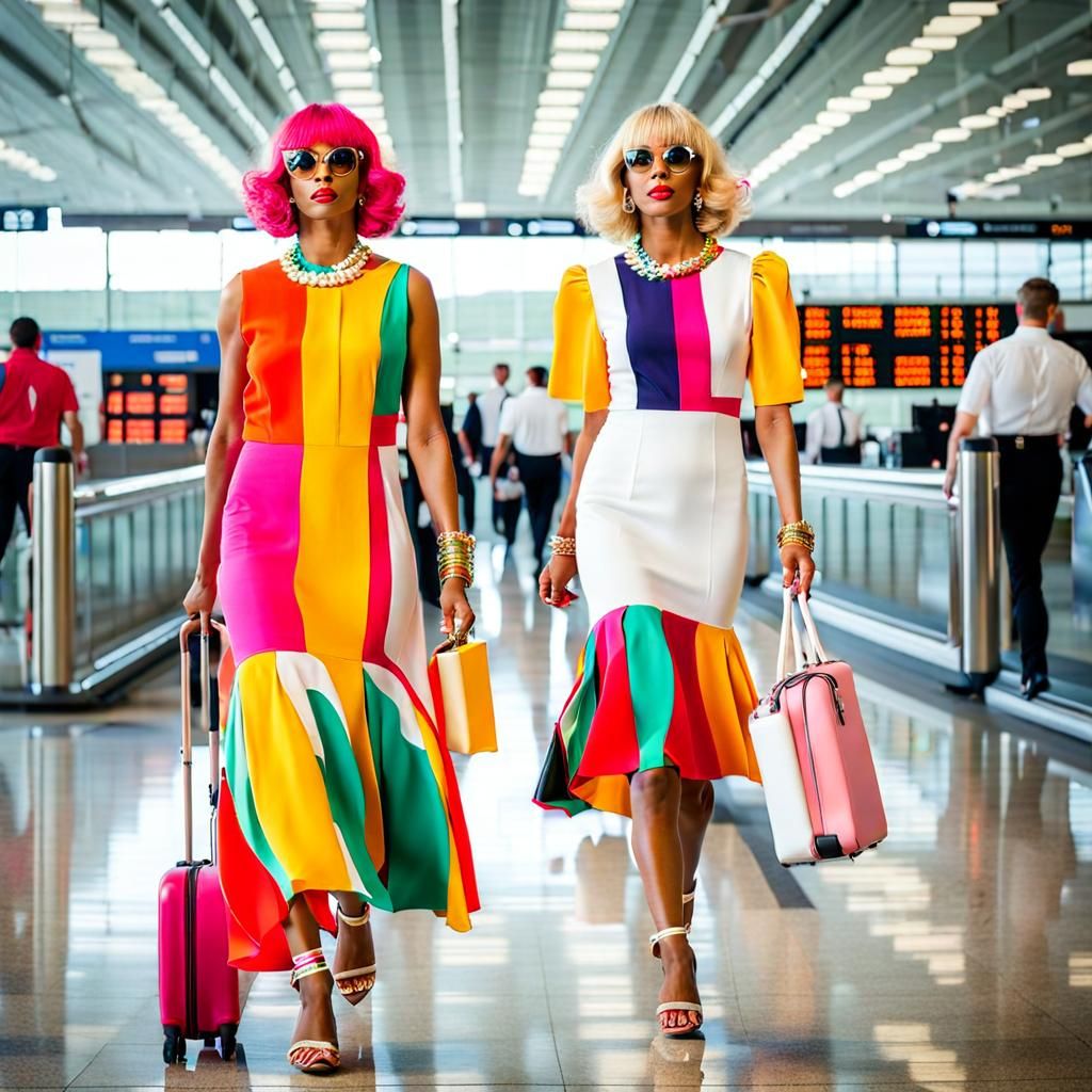 Transvestites in Abstract Dresses Walking Through Airport