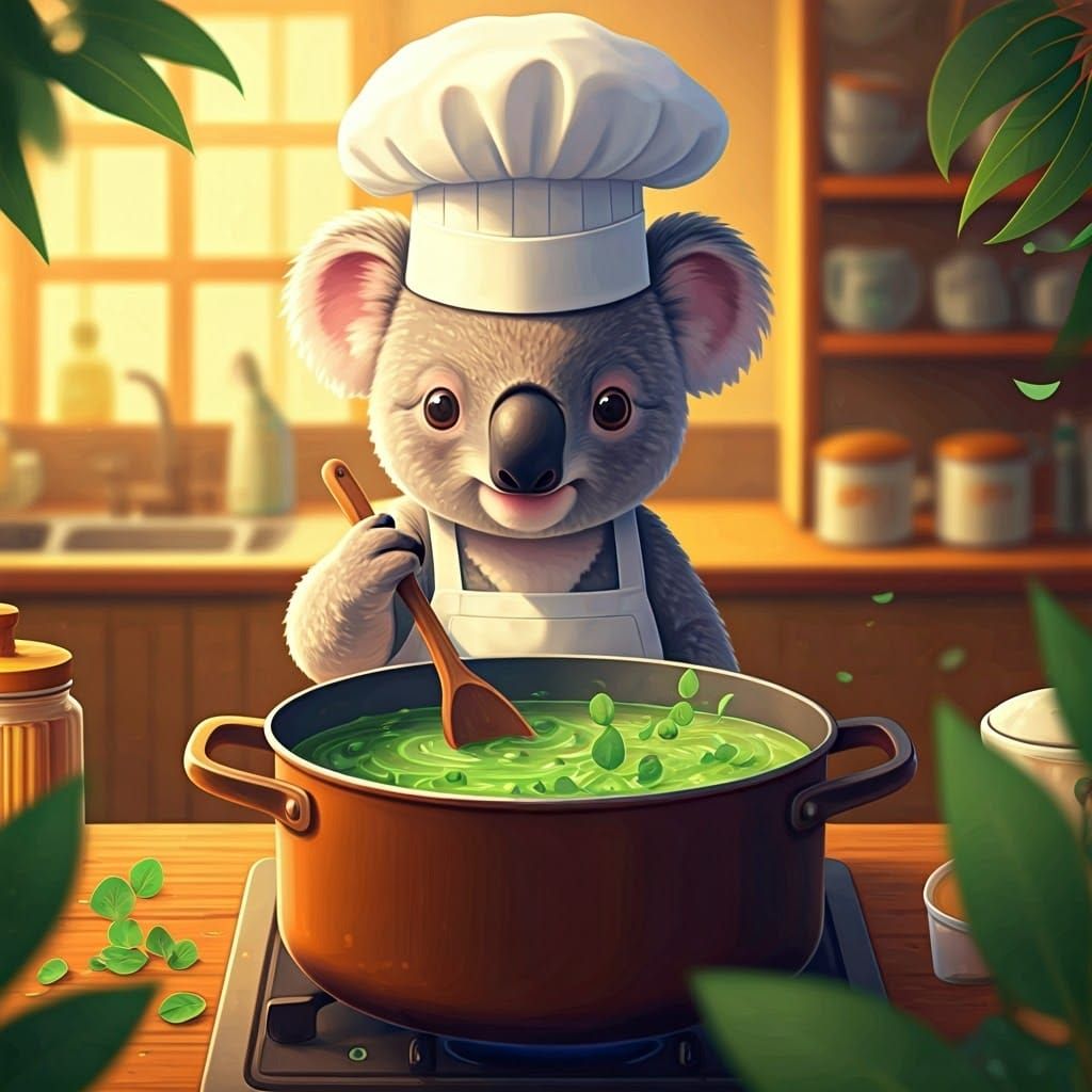 Cute Koala Chef Stirs Eucalyptus Soup in Cozy Kitchen