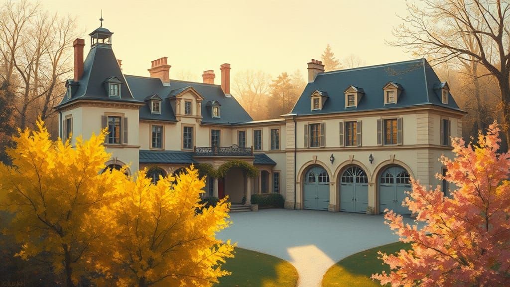 Chateau and Garage in Golden Afternoon Light