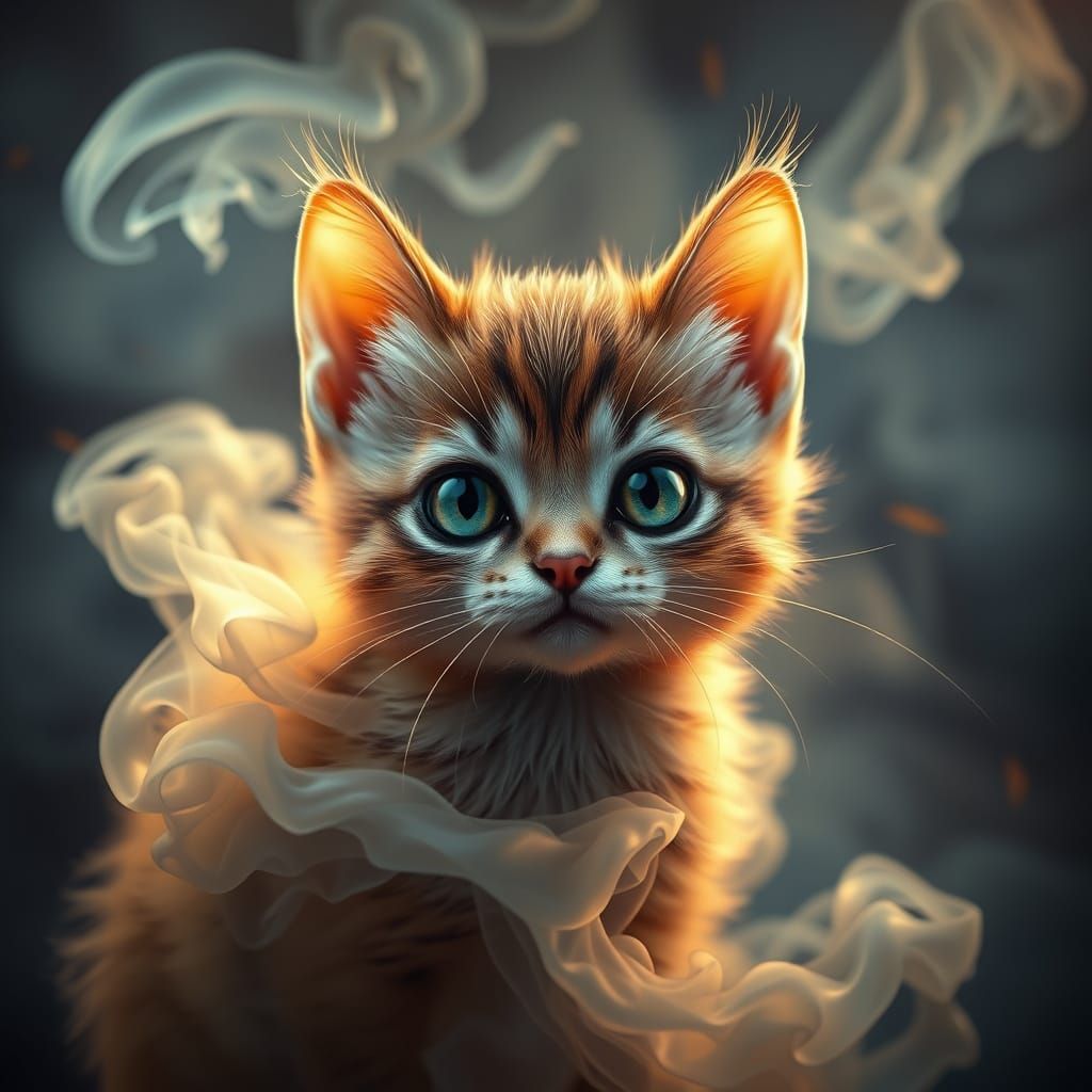 Miniature Smoke Cat Concept Art in Vibrant Fantasy Style