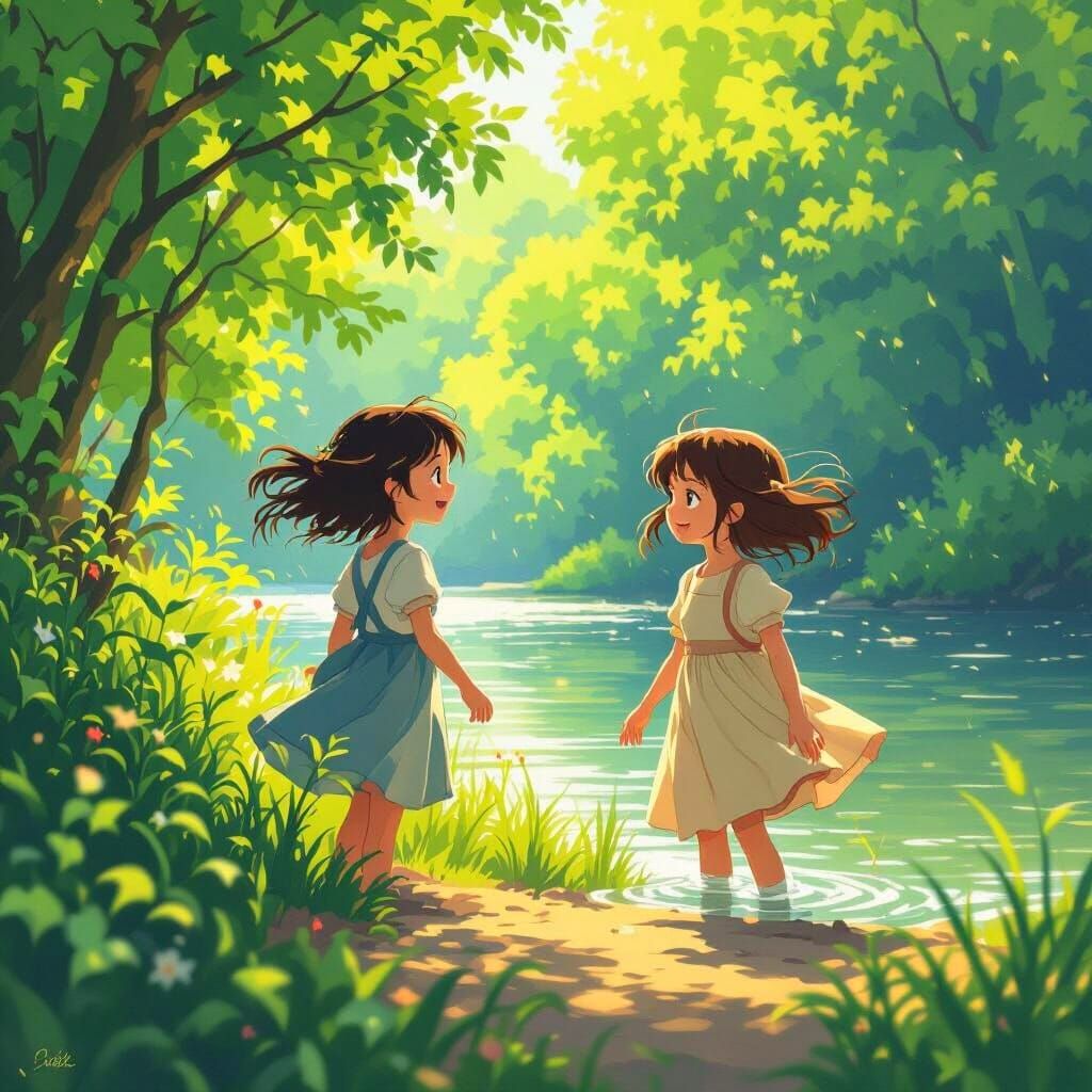 Girls Enjoying Riverbank Breeze