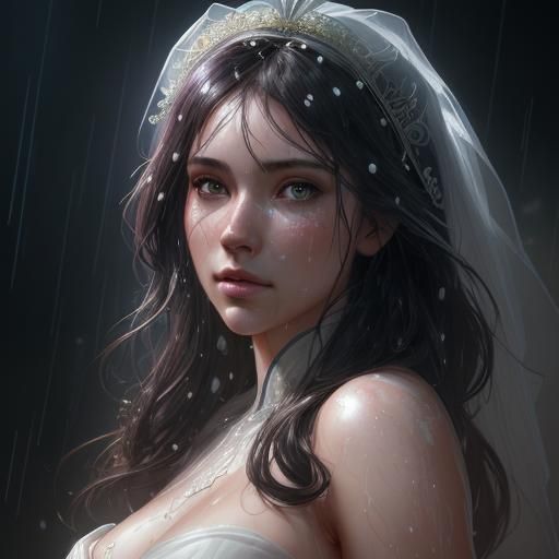 Hyperdetailed Portrait of Bride in the Rain