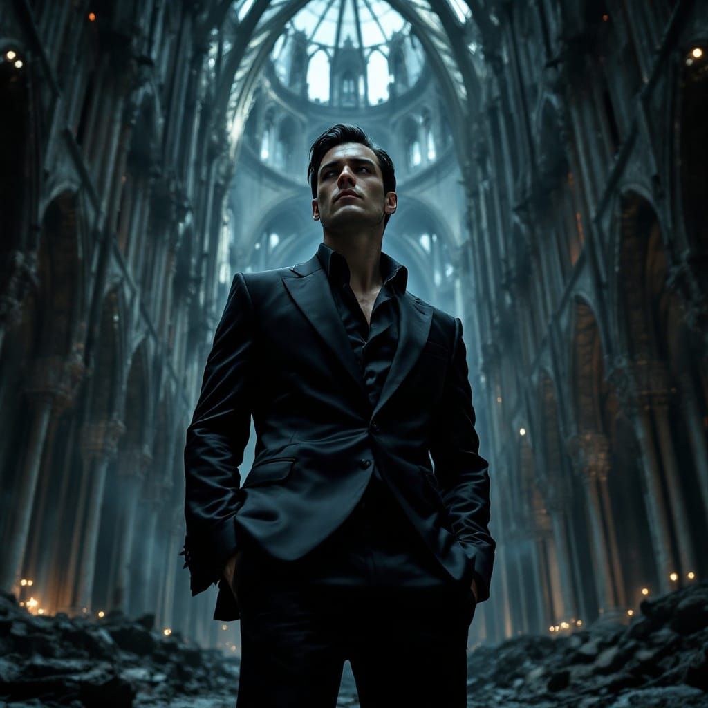 Dystopian Cathedral: Handsome Man in Neo-Gothic Ruins