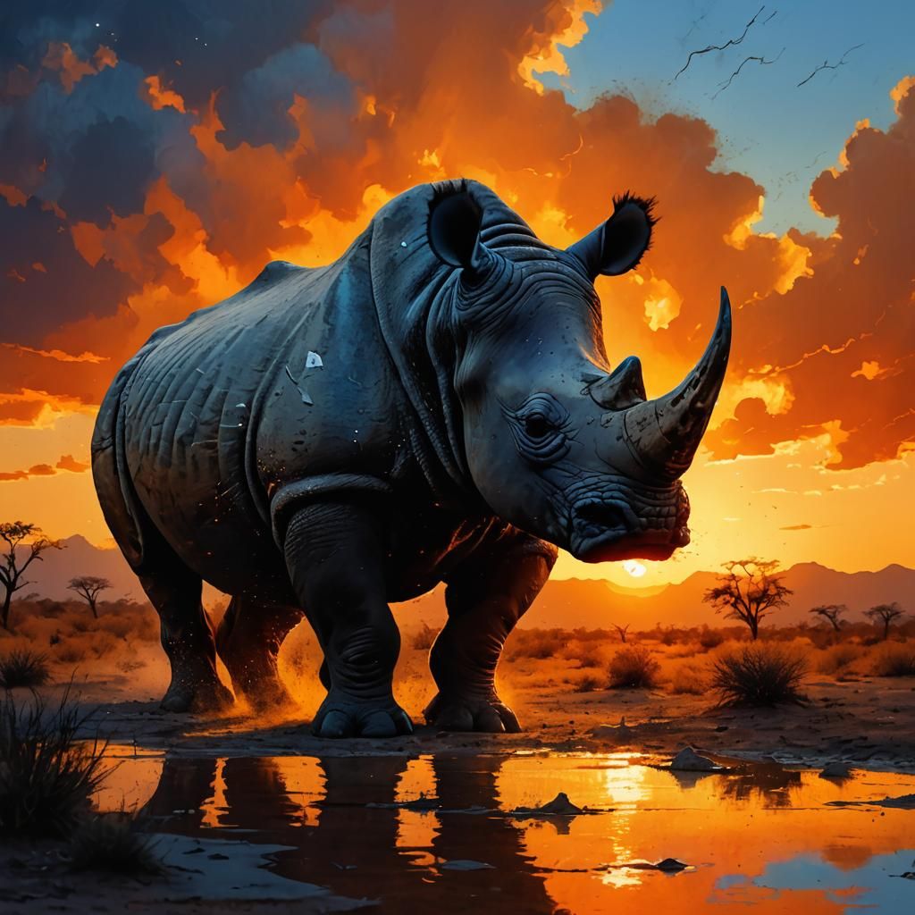 Comic-Style Rhino Silhouette in Kalahari Desert Sunset