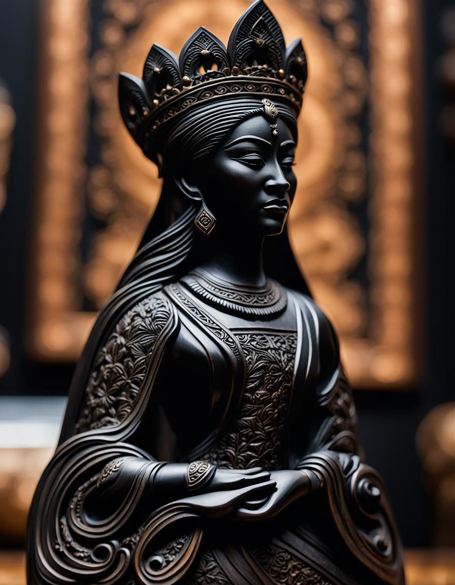 Ebony Wood Carving of a Queen in Black and White