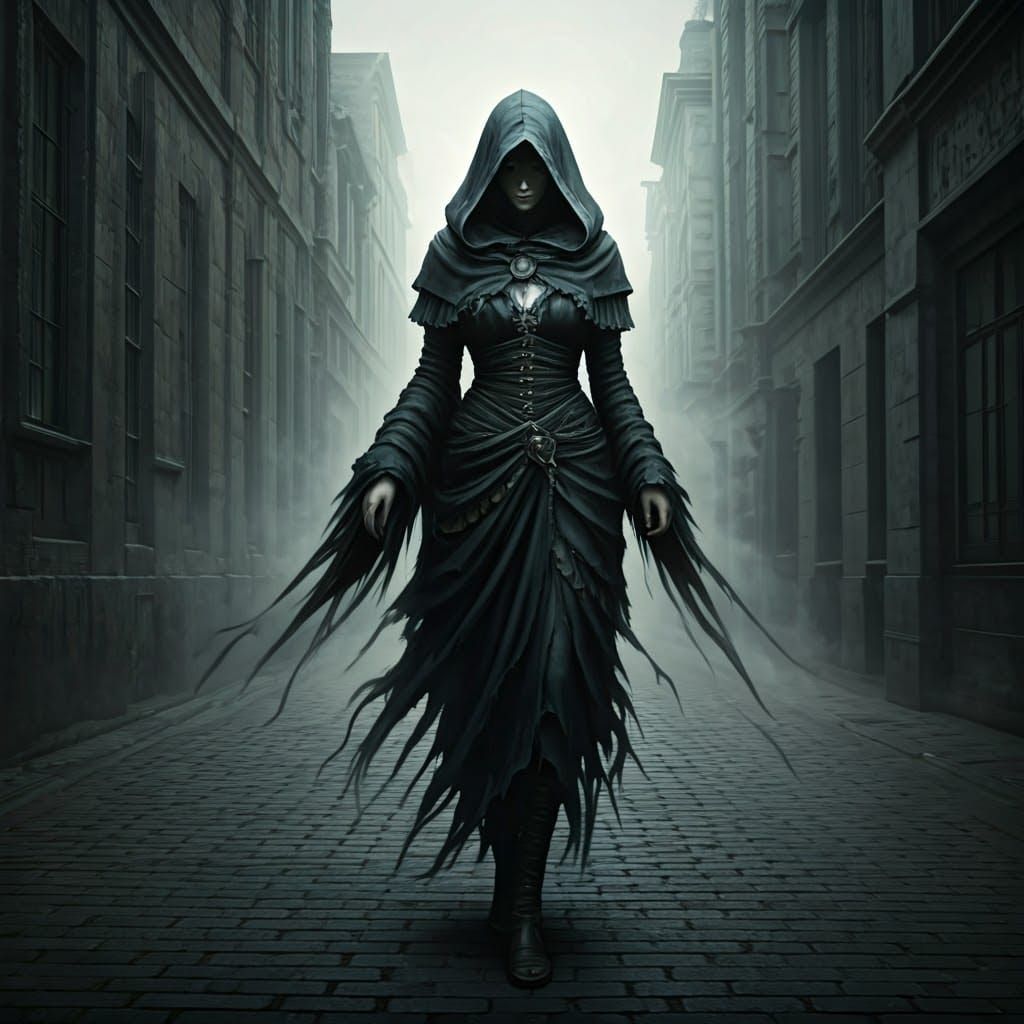 Mysterious Hooded Lady in Shadowy Alleyway