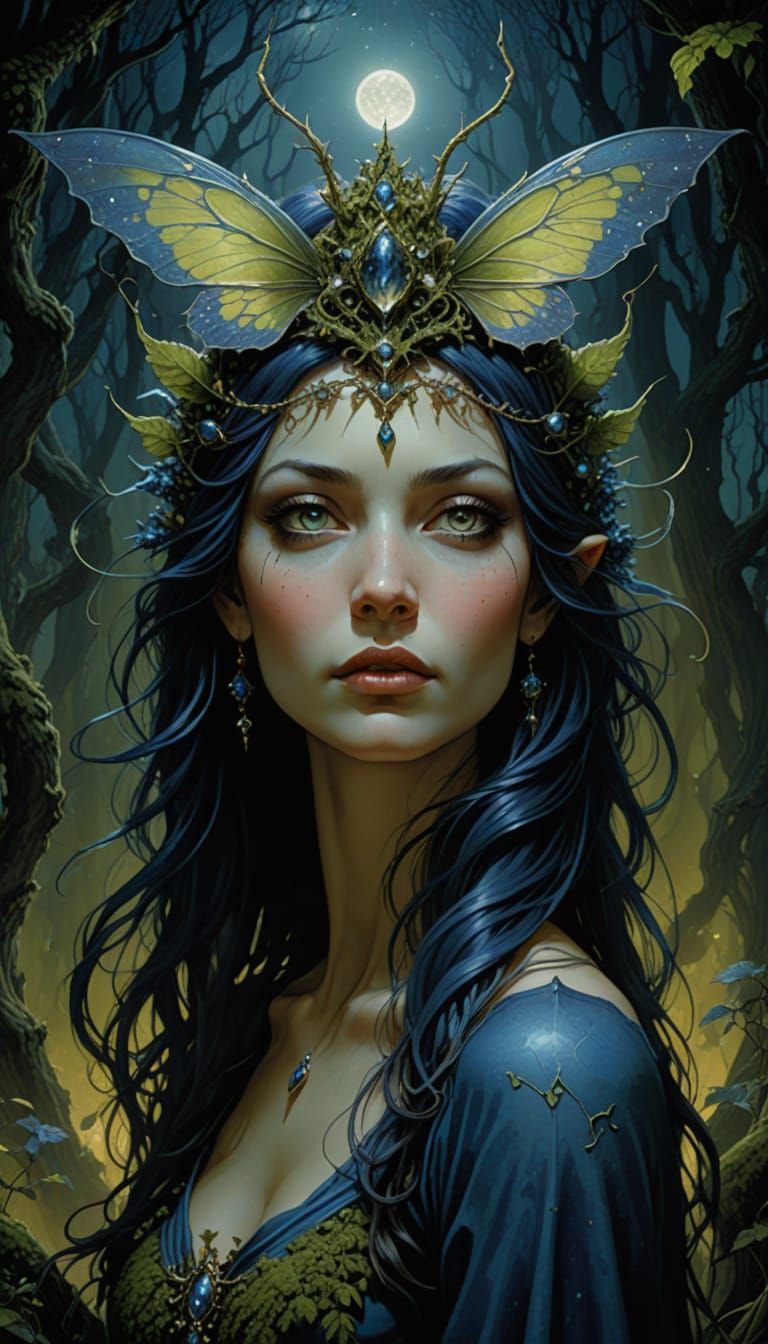 Mystical Queen in Eerie Moonlight, Surrealist Digital Painti...